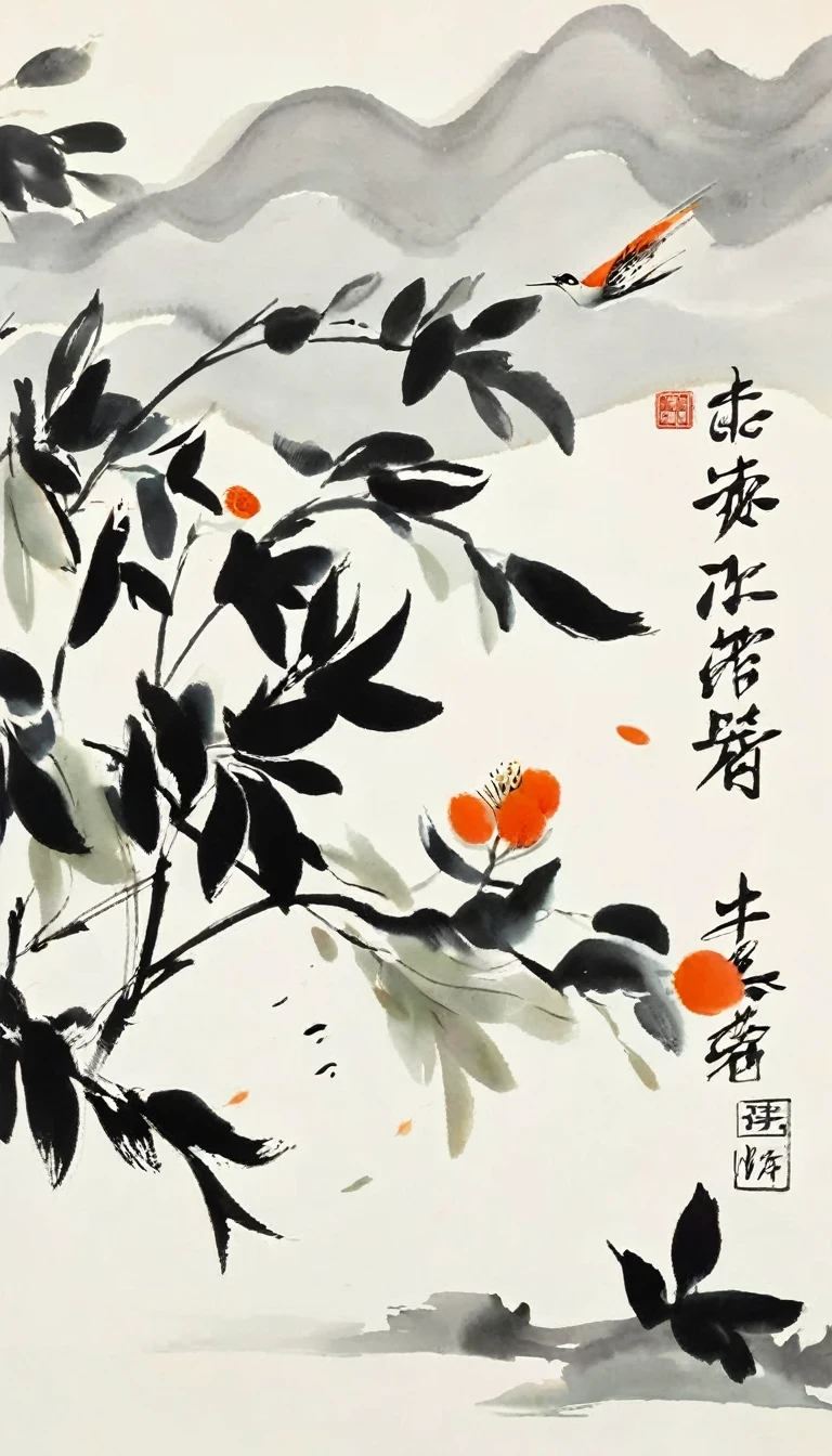 (abstract ink painting:1.5)，author:Wu Guanzhong,author:Wu Guanzhong，Wu Guanzhong的艺术风格，The fusion of Chinese ink painting and modernist aesthetics，Simple yet powerful lines and shapes，minimalist，