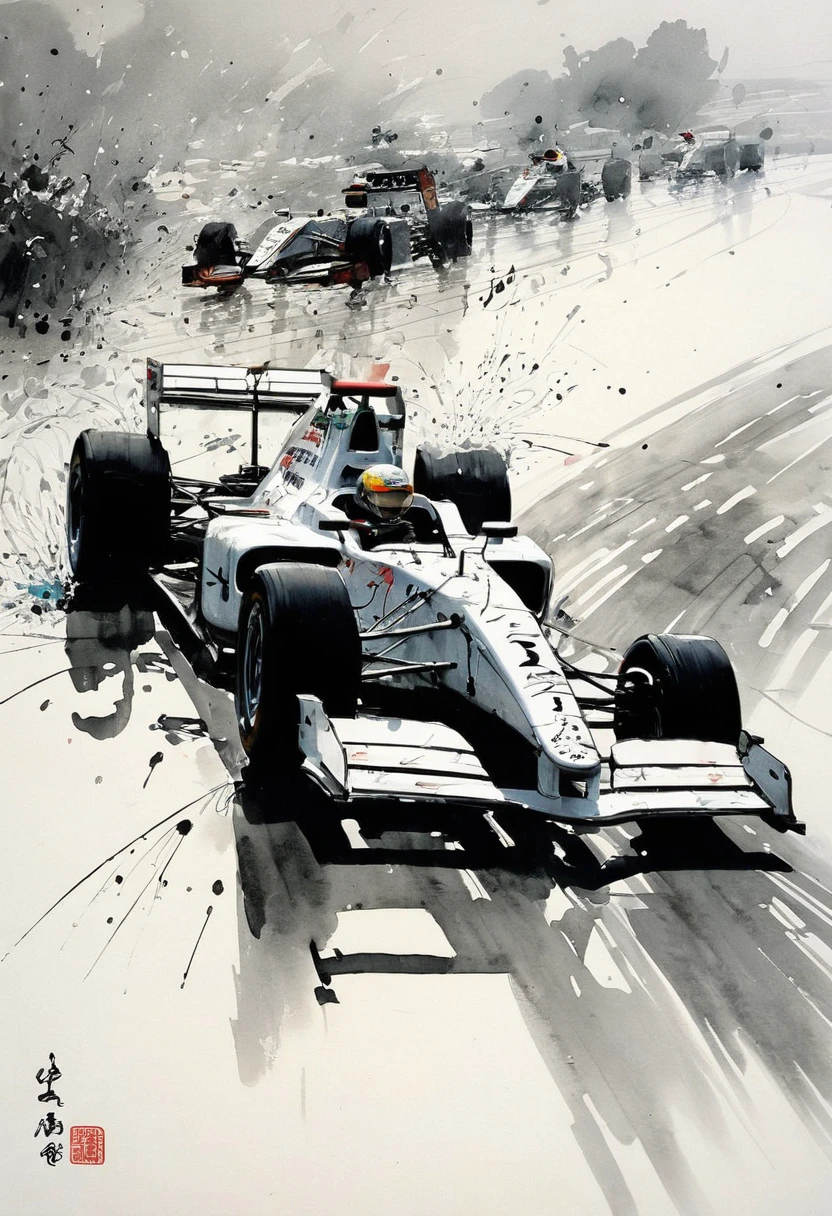 by Wu Guanzhong, ink and wash, F1 racing, (best quality, perfect masterpiece, Representative work, official art, Professional, high details, Ultra intricate detailed:1.3)