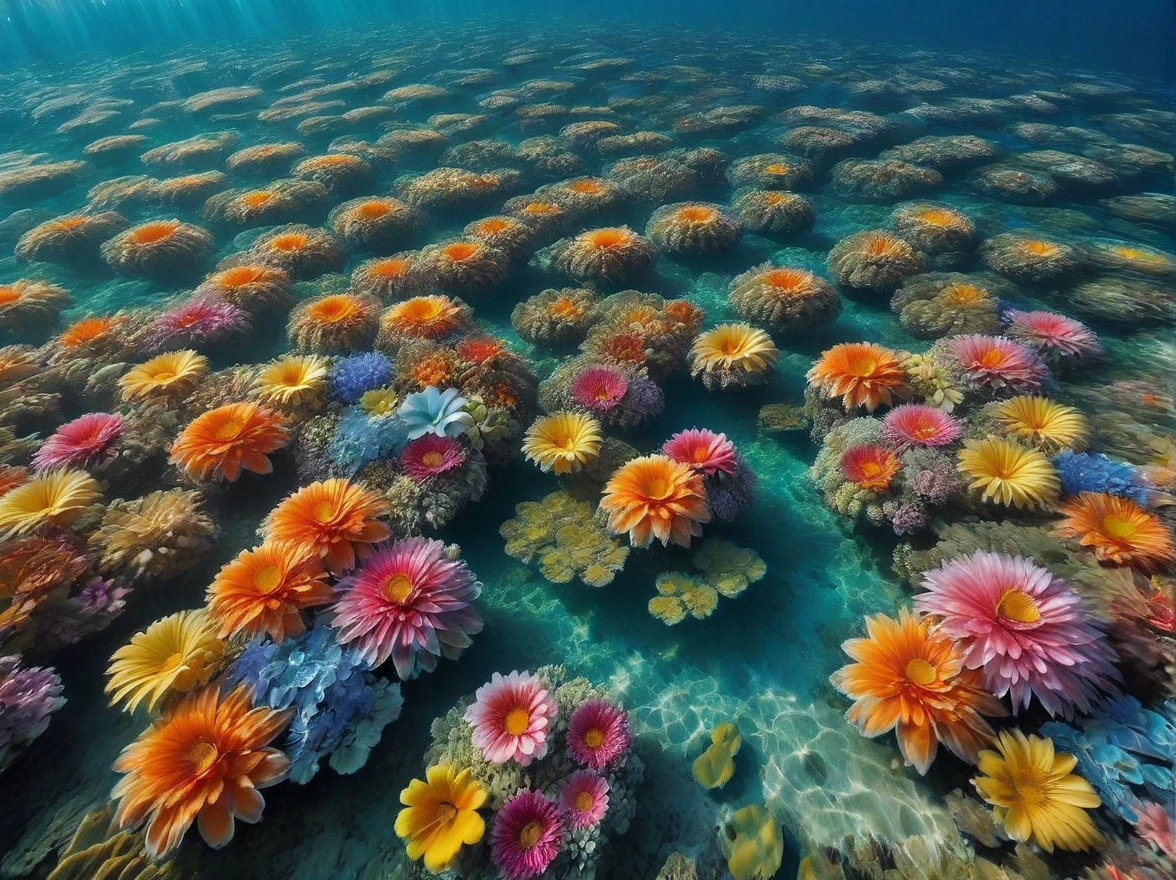 Above is a blue summer sky, below is a sea with clear sea water of light turquoise color, (Many different beautiful exotic flowers in the water:1.7), the water is very transparent and you can see a lot of colorful marine flowers on the bottom, Flowers bloom on marine corals and algae, small colored fish swim among these flowers, the sun's rays penetrate through transparent seawater and illuminate marine flowers giving them brightness, very beautiful, realistic photo, ray tracing, RAW photo, the highest detail and clarity