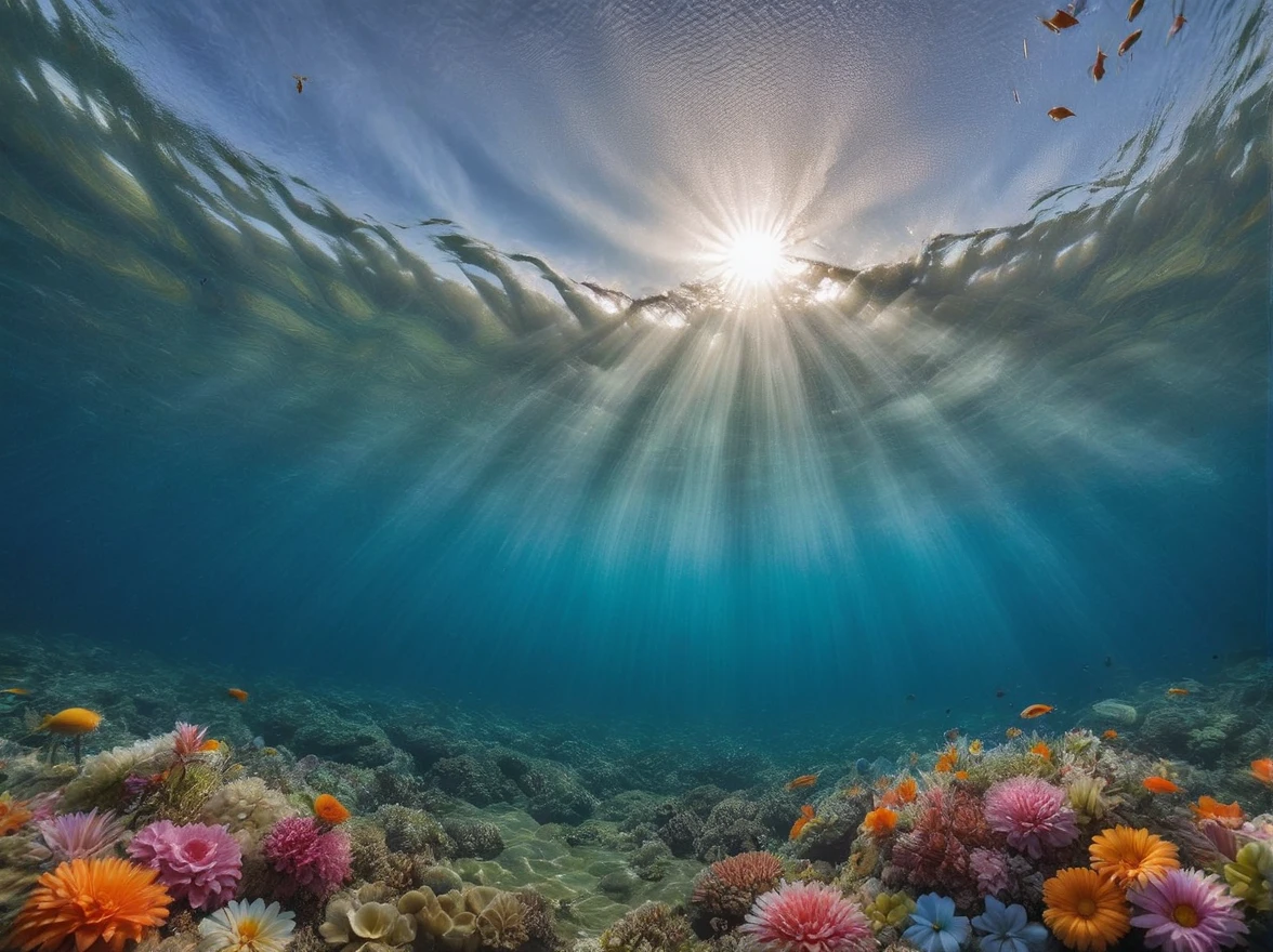 Above is a blue summer sky, below is a sea with clear sea water of light turquoise color, (Many different beautiful exotic flowers in the water:1.7), the water is very transparent and you can see a lot of colorful marine flowers on the bottom, Flowers bloom on marine corals and algae, small colored fish swim among these flowers, the sun's rays penetrate through transparent seawater and illuminate marine flowers giving them brightness, very beautiful, realistic photo, ray tracing, RAW photo, the highest detail and clarity