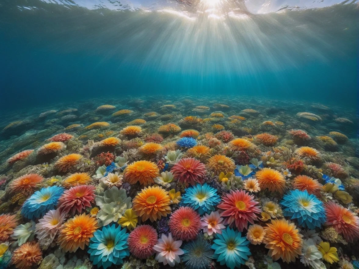 Above is a blue summer sky, below is a sea with clear sea water of light turquoise color, (Many different beautiful exotic flowers in the water:1.7), the water is very transparent and you can see a lot of colorful marine flowers on the bottom, Flowers bloom on marine corals and algae, small colored fish swim among these flowers, the sun's rays penetrate through transparent seawater and illuminate marine flowers giving them brightness, very beautiful, realistic photo, ray tracing, RAW photo, the highest detail and clarity