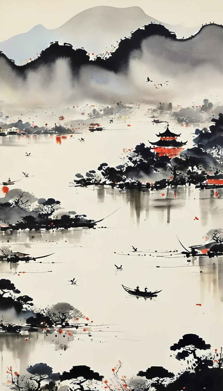 (abstract ink painting:1.5)，author:Wu Guanzhong,author:Wu Guanzhong，Wu Guanzhong的艺术风格，The fusion of Chinese ink painting and modernist aesthetics，Simple yet powerful lines and shapes，minimalist，