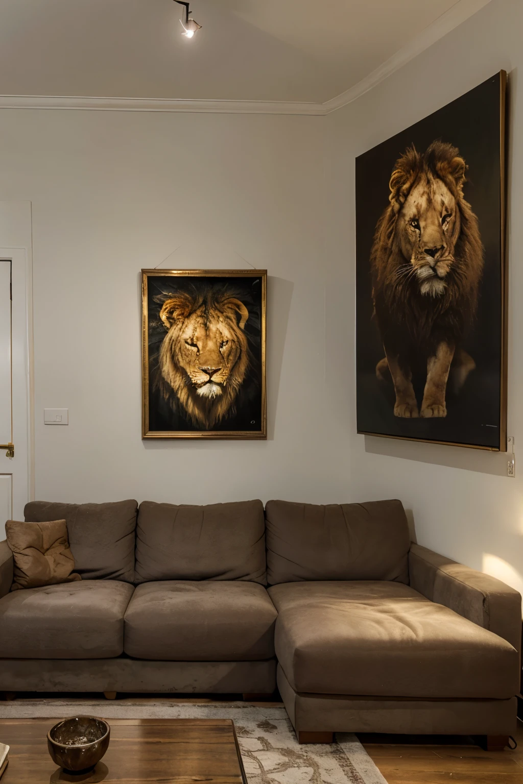 Create an image of a well-lit and cozy living room, adorned with comfortable furniture and inviting details. In the center of the wall opposite the sofa, there hangs an unframed painting, displaying the faint traces of a lion. The outlines of the lion should be visible, suggesting the majestic presence of the animal, but in a subtle and artistic manner, as if they were remnants of a long-forgotten masterpiece.