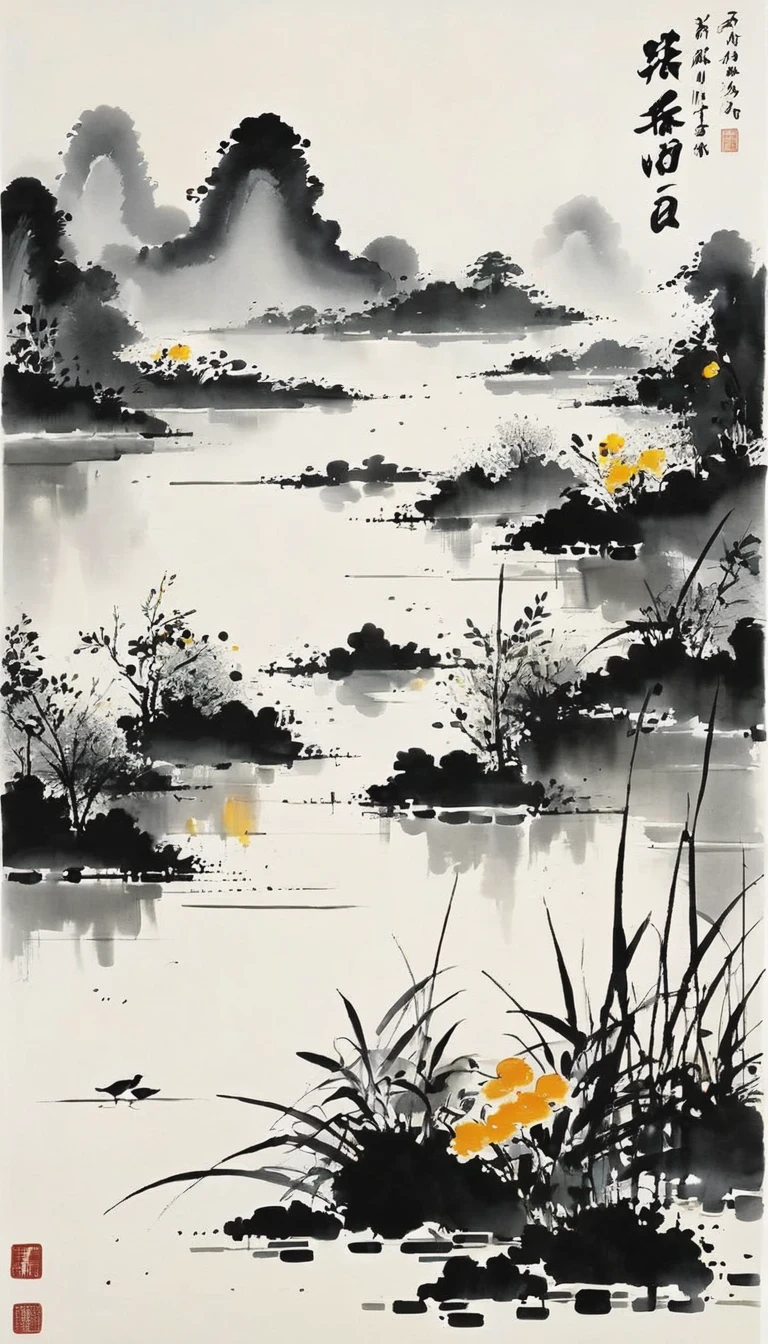 (abstract ink painting:1.5)，author:Wu Guanzhong,author:Wu Guanzhong，Wu Guanzhong的艺术风格，The fusion of Chinese ink painting and modernist aesthetics，Simple yet powerful lines and shapes，minimalist，