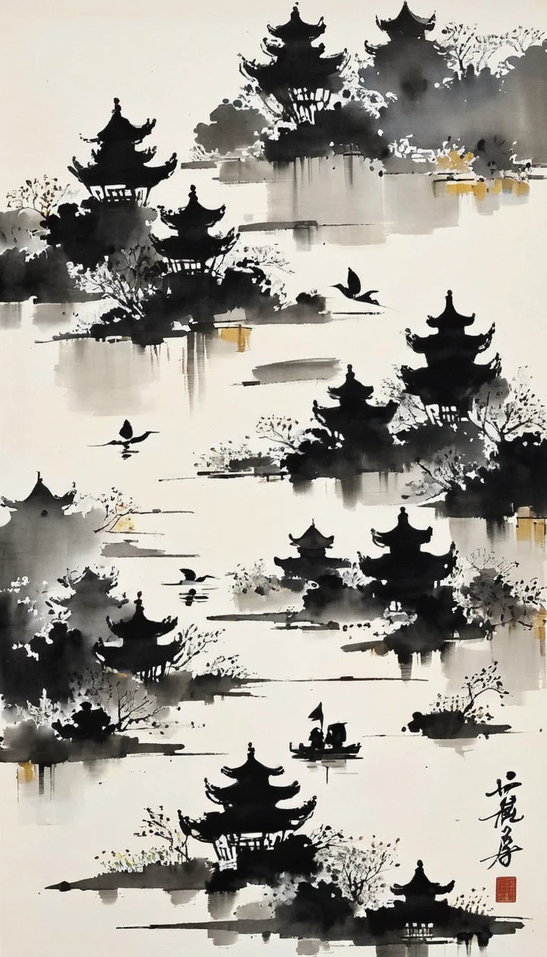 (abstract ink painting:1.5),author:Wu Guanzhong,author:Wu Guanzhong,Wu Guanzhong的艺术风格,The fusion of Chinese ink painting and modernist aesthetics,Simple yet powerful lines and shapes,minimalist,