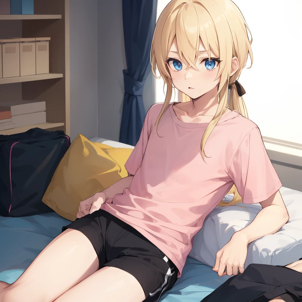 1boy, blonde hair, blue eyes, long hair, pink shirt, black shorts