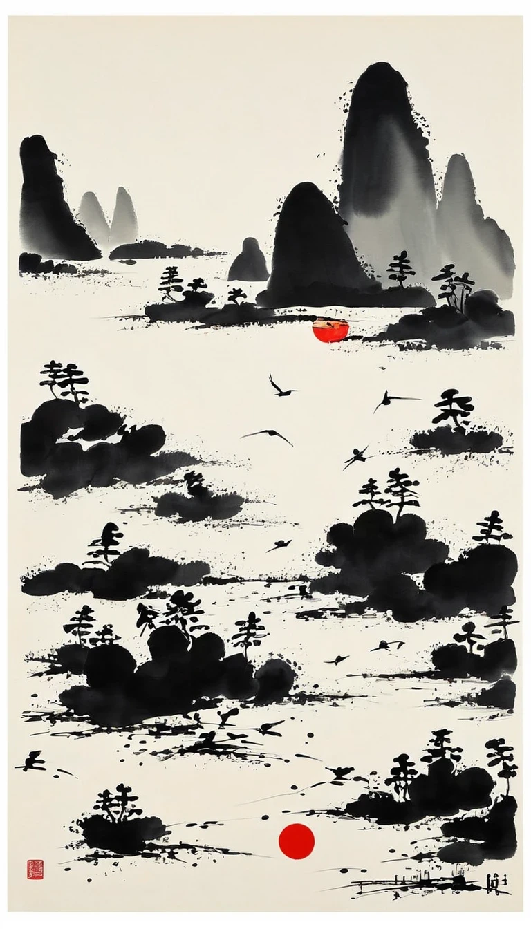 (abstract ink painting:1.5),author:Wu Guanzhong,author:Wu Guanzhong,Wu Guanzhong的艺术风格,The fusion of Chinese ink painting and modernist aesthetics,Simple yet powerful lines and shapes,minimalist,