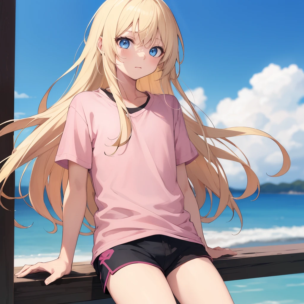 1boy, blonde hair, blue eyes, long hair, pink shirt, black shorts