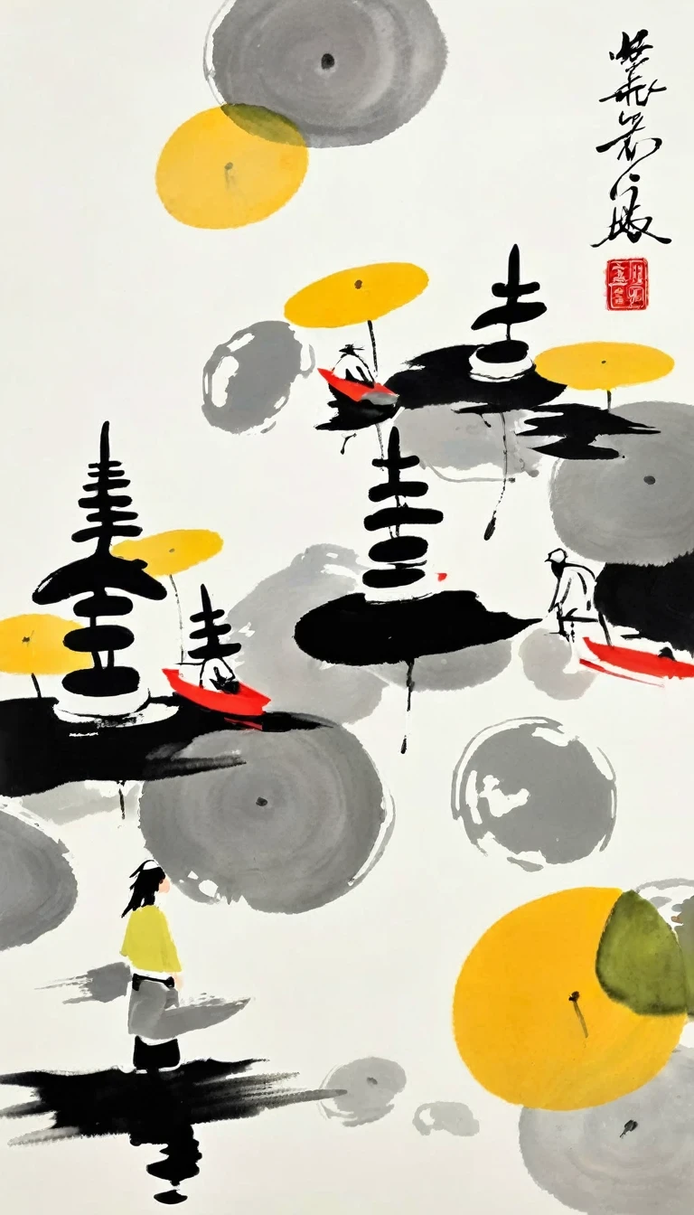 (abstract ink painting:1.5)，author:Wu Guanzhong,author:Wu Guanzhong，Wu Guanzhong的艺术风格，The fusion of Chinese ink painting and modernist aesthetics，Simple yet powerful lines and shapes，minimalist，