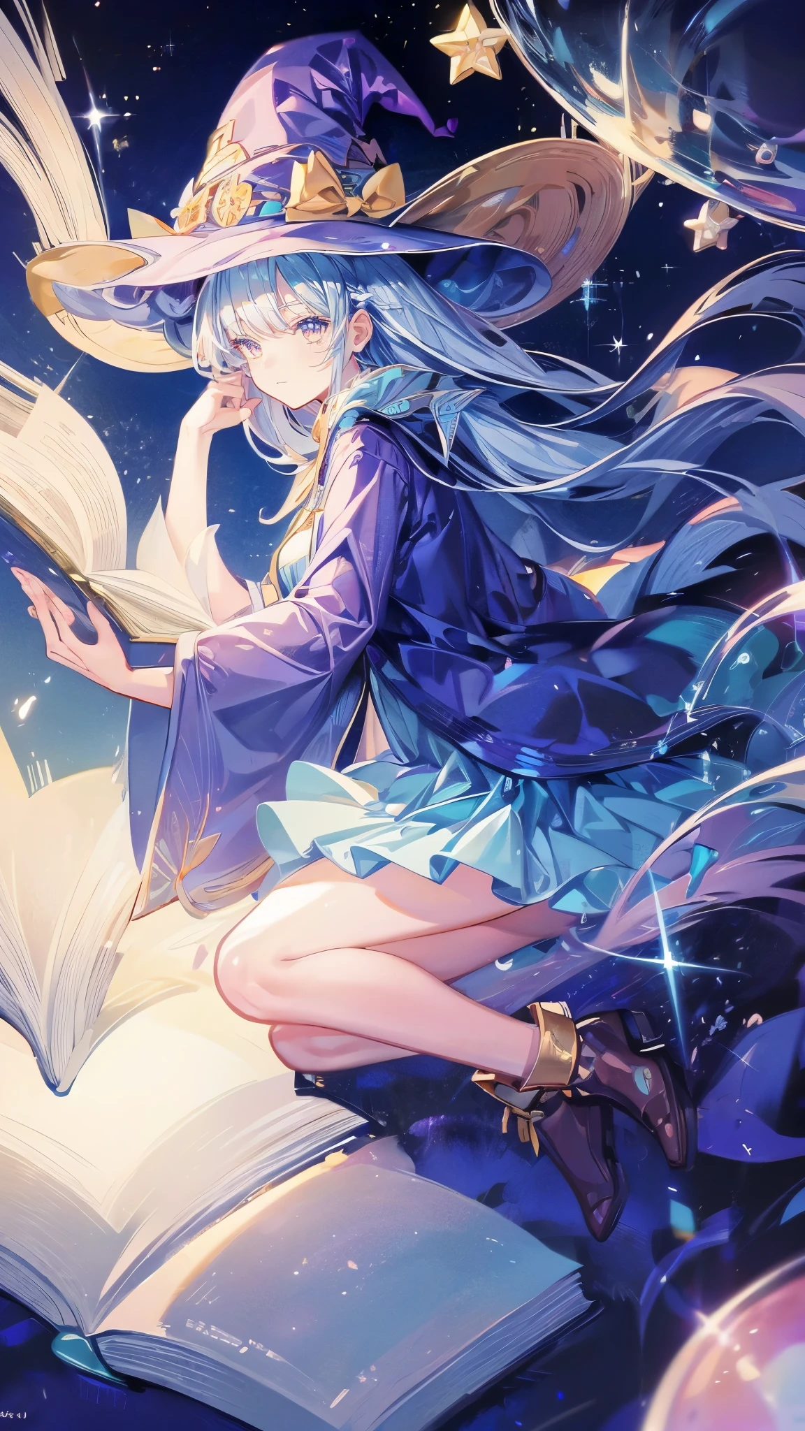 ((magic使いの女の子:1.5)), Full body shot,perfect face, beautiful face, highly detailed face,(blue long hair_yellow eyes:1.3),(witch hat:1.3),boots,Witch's broom,magicの杖,book of magic,night sky,たくさんのstar,shine,Light,smile,magic,Sparkling,月Light,starの粒,star々,moonlight,流れstar