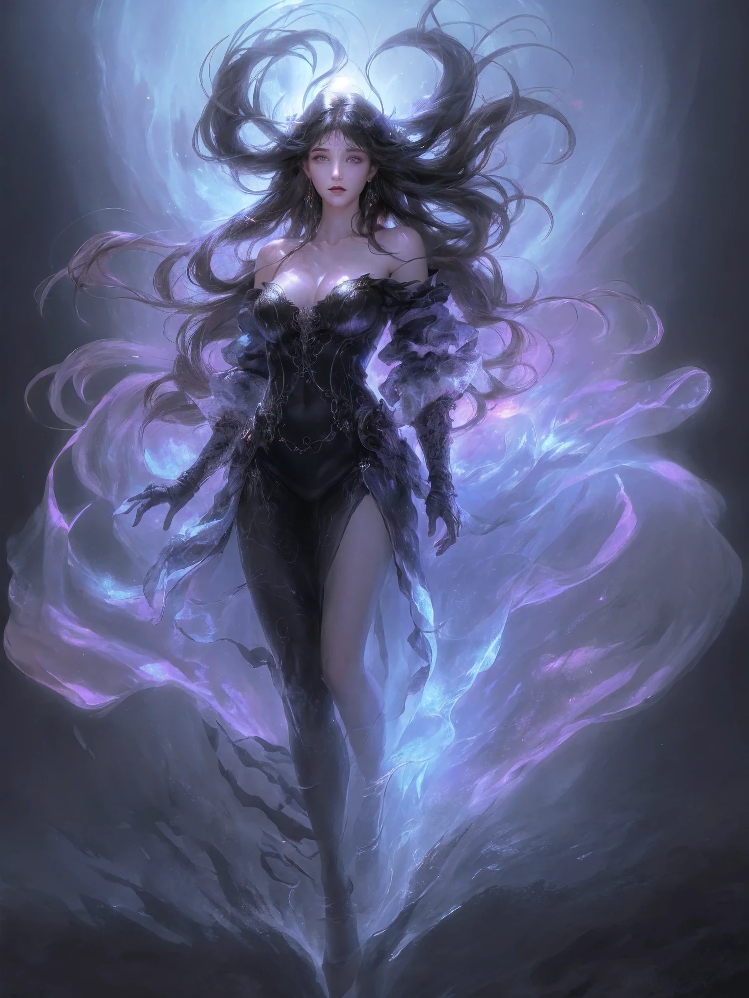 (best quality, high resolution, Super detailed, actual, photo-actual), digital painting, bright colors, mysterious atmosphere, dark background, glowing eyes, charming expression, flowing hair, ethereal beauty, floating ghostly figure, intricate jewelry, charming aura, dynamic poses,Fire magic,