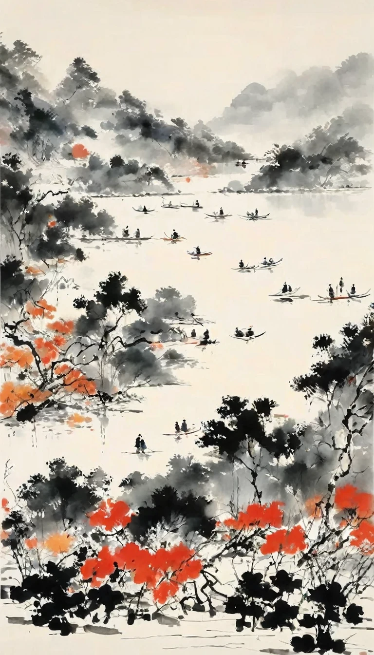 (abstract ink painting:1.5)，author:Wu Guanzhong,author:Wu Guanzhong，Wu Guanzhong的艺术风格，The fusion of Chinese ink painting and modernist aesthetics，Simple yet powerful lines and shapes，minimalist，