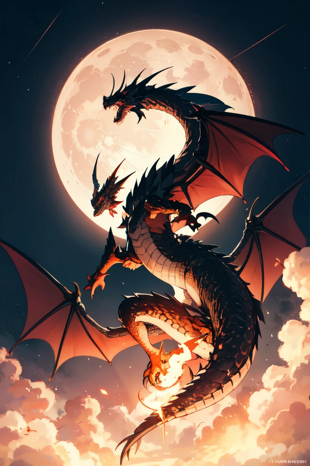 medium size
Medieval dragon red eye spidy flame flying over a castle with two strips shining from the moon