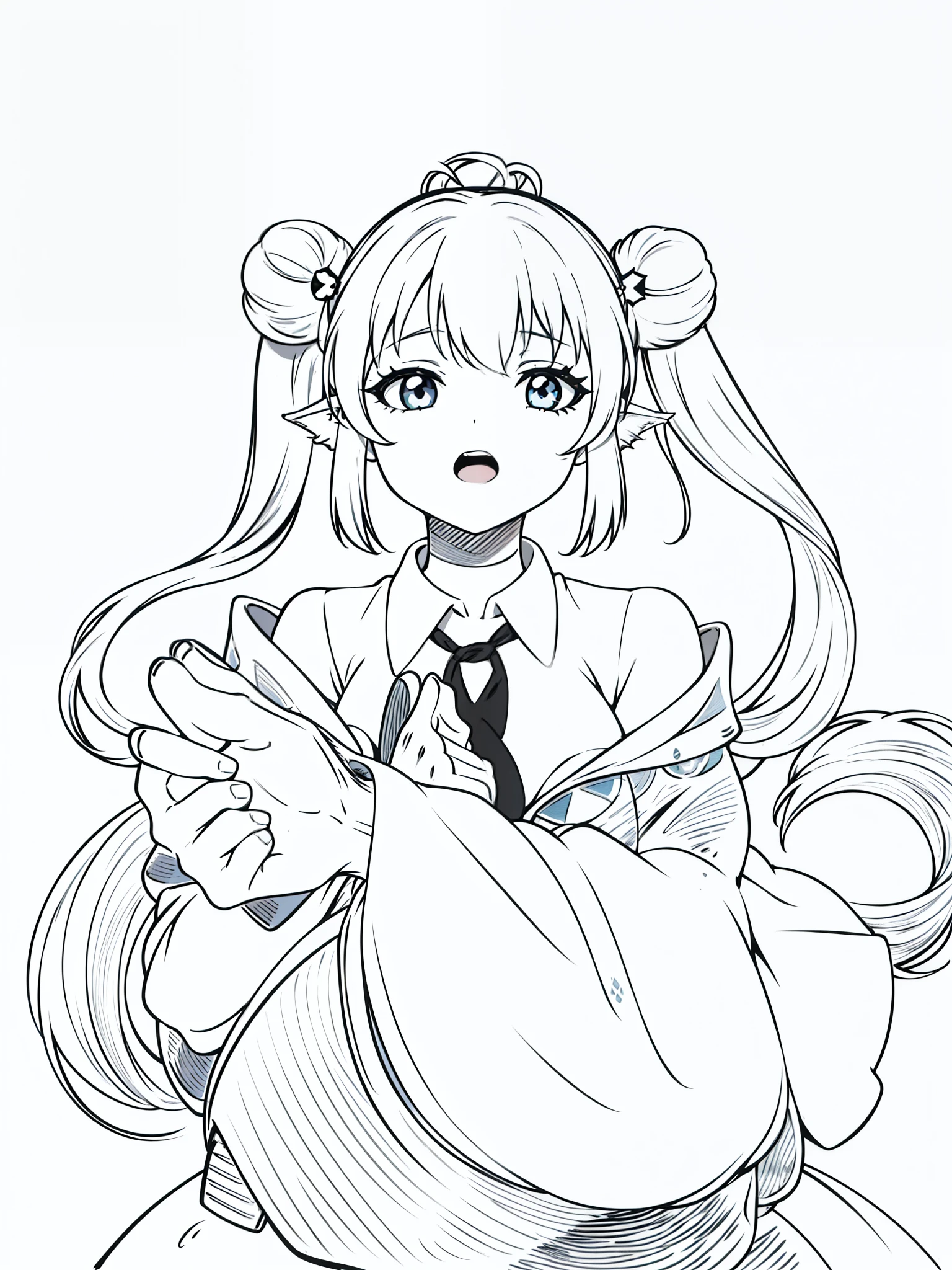 (1girl,20 years old),solo,long hair,white hair,fish ears,twintails,happy,(white background,line drawing),from front,open mouth