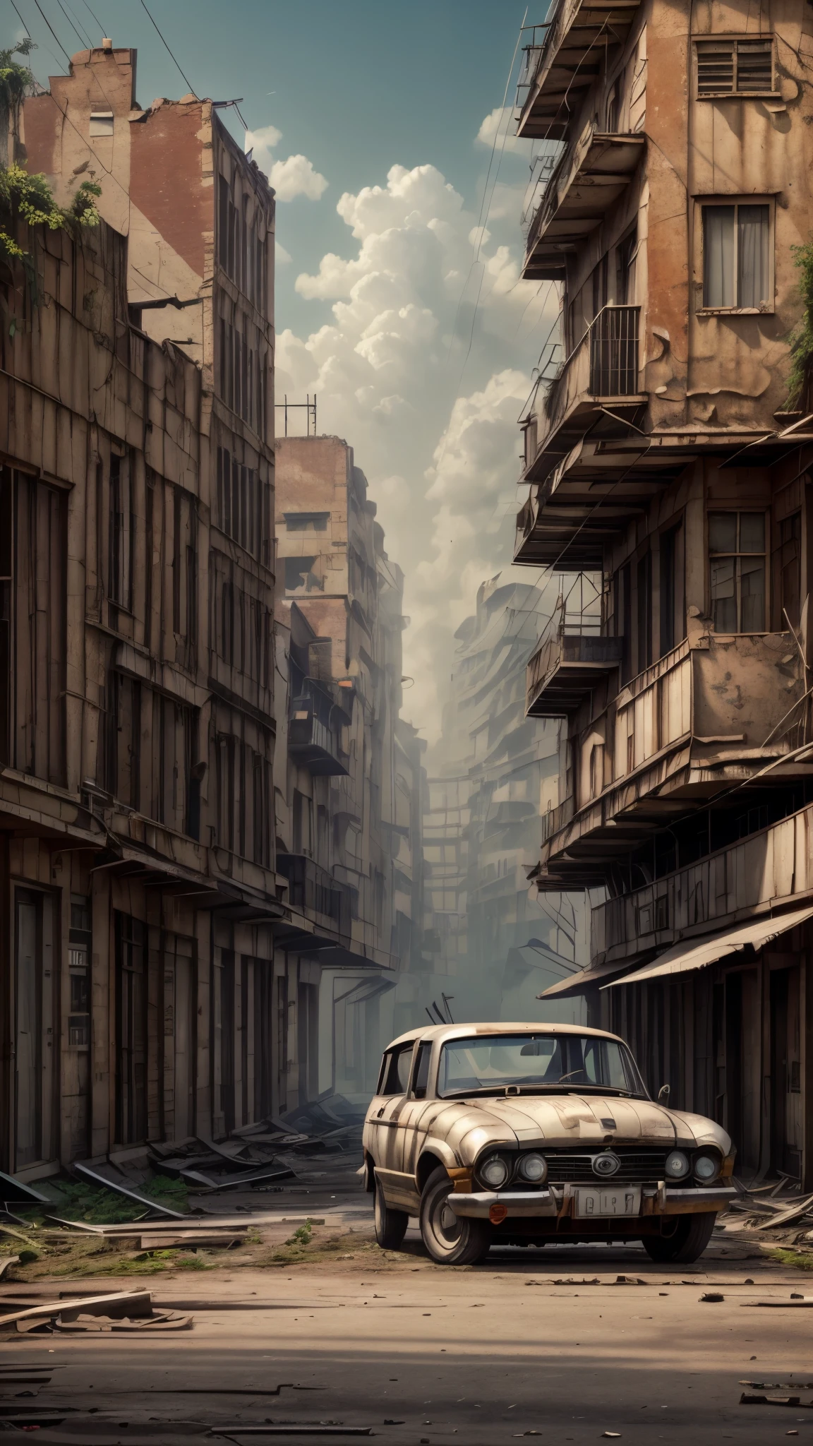 Cidade abandonada, com cores neutras, Foggy,Greenery crawls over abandoned city buildings, cinema shot, Complex urban background,Silently,shadowy, Dappled walls,Rusty street buildings,traffic light,Running wild deer, Abandoned rusty car, Dilapidated shop, ruins, surrealism, Chiaroscuro, Cinematic lighting, blend, projected inset, hyper HD, Super detail, High details, in a panoramic view,Drone shooting angle,High quality, A high resolution, 8K, ccurate