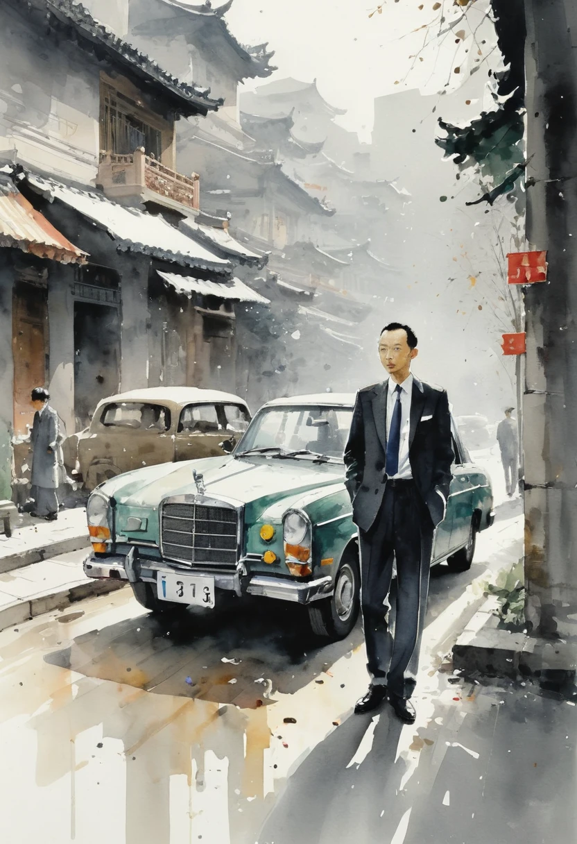 by Wu Guanzhong, watercolor art, A man in suit stands by the car, masterpiece, high details, intricate detailed