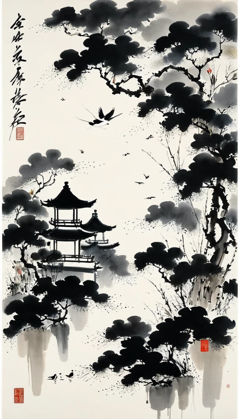 (abstract ink painting:1.5)，author:Wu Guanzhong,author:Wu Guanzhong，Wu Guanzhong的艺术风格，The fusion of Chinese ink painting and modernist aesthetics，Simple yet powerful lines and shapes，minimalist，