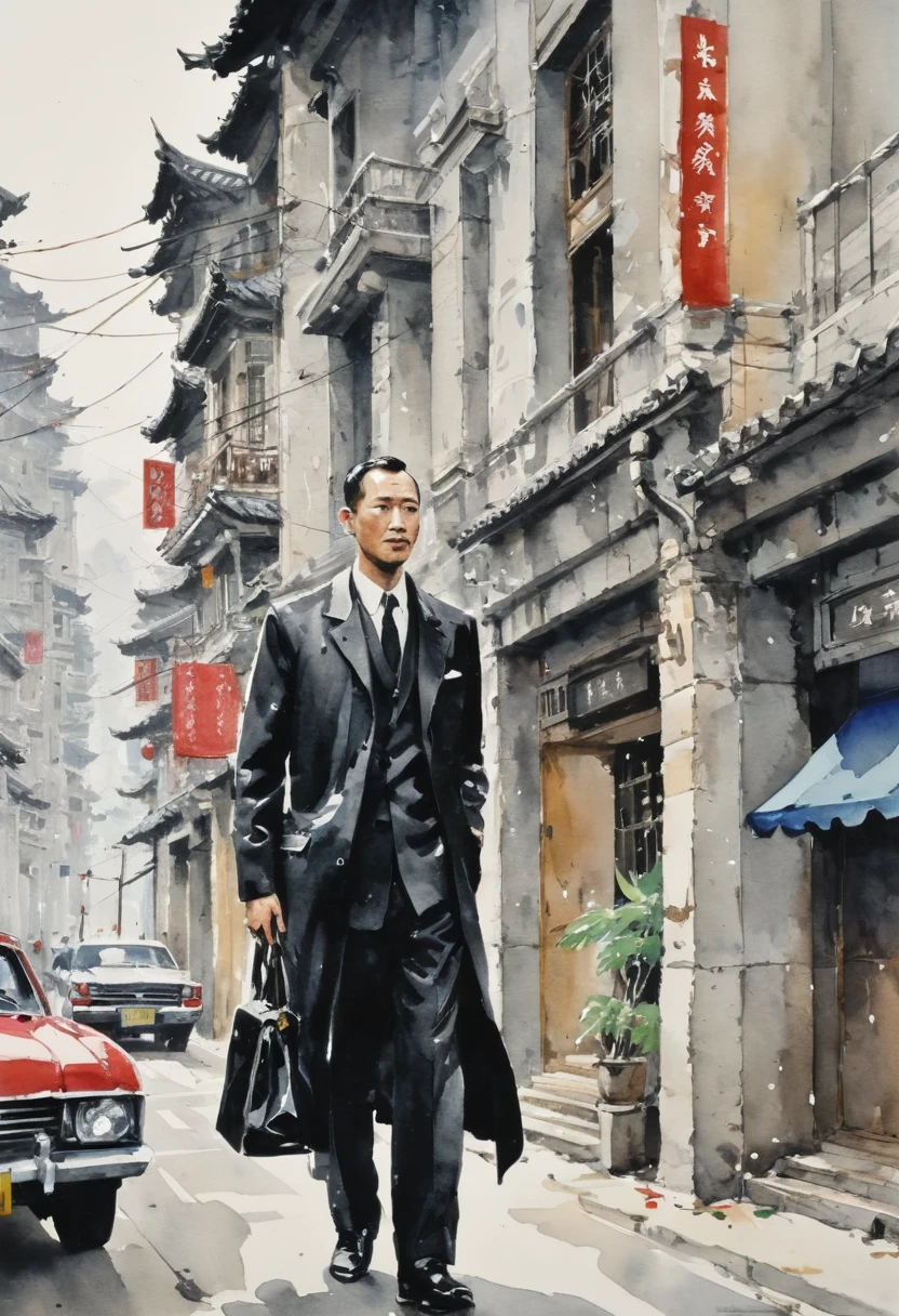 by Wu Guanzhong, watercolor art, close_up of secret agent, spy, masterpiece, high details, intricate detailed