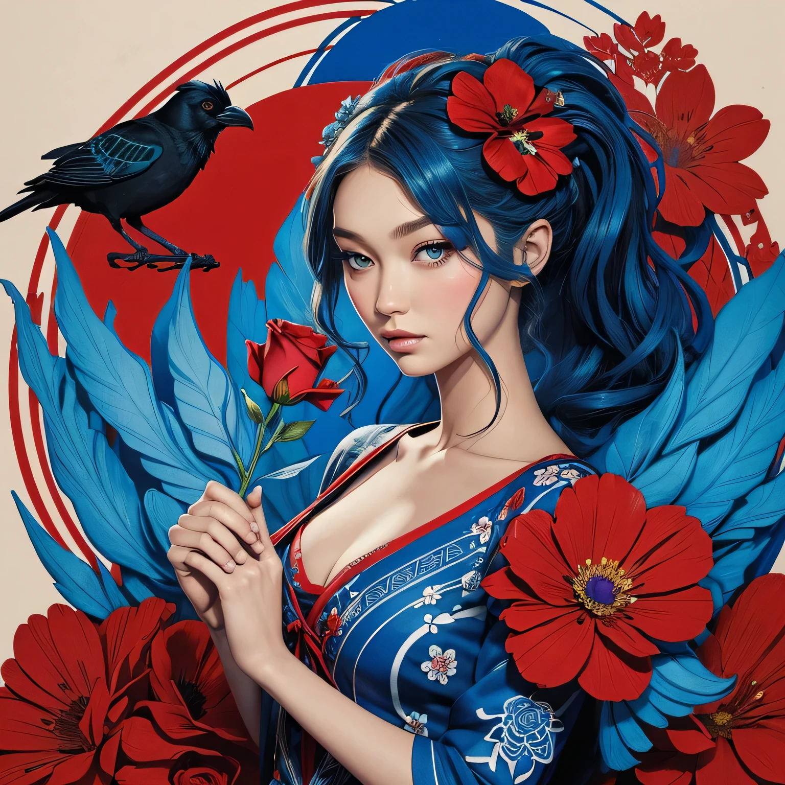 Blue and red stick figure 1 girl with flowers, lots of flowers in background, in dress with flowers, its fine ink line art, comic style, portrait of ploynesian girl, Gigi Hadid, Hollywood glam, holding crow bird, beautiful line art, blue and red comic style, manga style, manga art style, pencil and ink caricature drawing, blue and red coloring