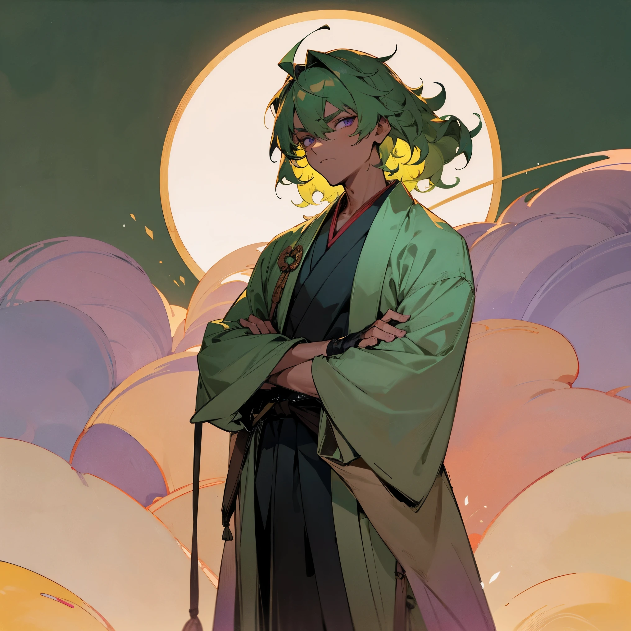 1male, tan skin, finely detailed lavender eyes, short messy wavy hair, ombré swampy green hair color, green circle sunglasses, chinese robe, gloves, standing with arms folded, standing in shrine, serious, somber expression