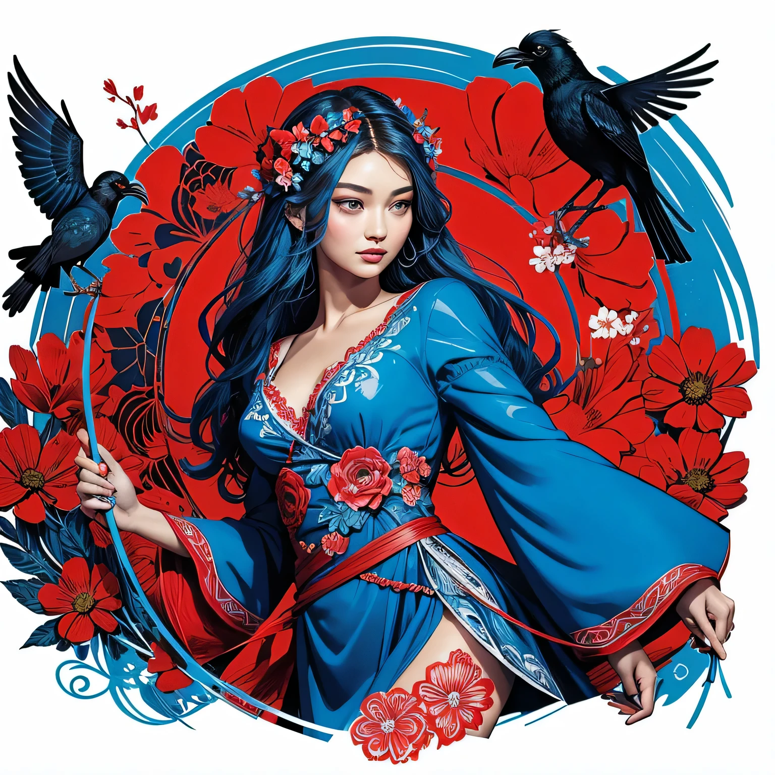 Blue and red stick figure 1 girl with flowers,  lots of flowers in background,  in dress with flowers, its fine ink line art, comic style, portrait of ploynesian girl, Gigi Hadid, Hollywood glam, holding crow bird, beautiful line art, blue and red comic style, manga style, manga art style, pencil and ink caricature drawing, blue and red coloring