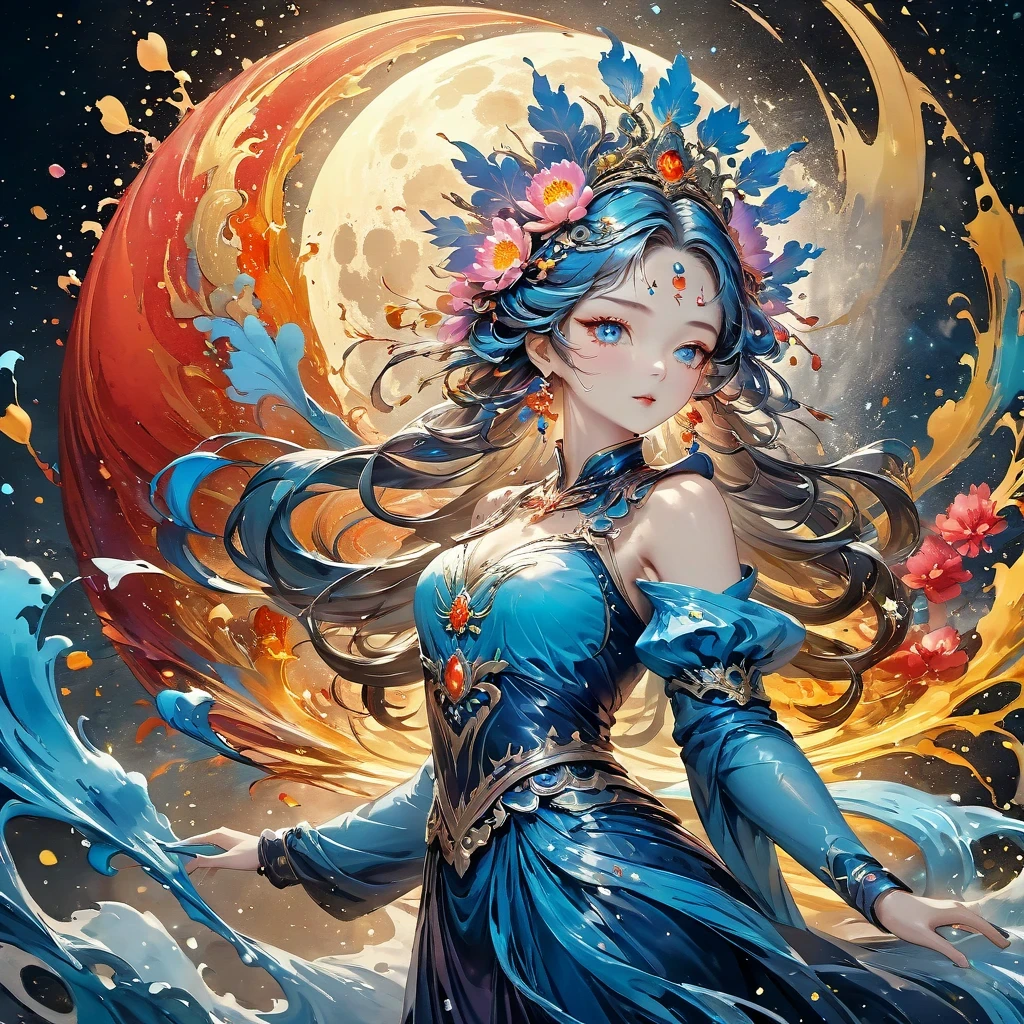 Jupiter, splash art, 关闭液体发Light的月亮女士由颜色制成, Silver, Red, Tangerine, Light, Gray gold, liquid fire peony flower, filigree, filigree detailed, spinning flames, galaxy, color drops, Colored waves, moonLight, Color paint splatter style, Super detailed complex detailed, Unreal Engine, Dreamy, complicated细节, splash screen, complementary colors, fantasy, concept art, 8k resolution, masterpiece, painting, blow, paint dripping, splash arts, fantasy art, concept art, centeRed composition perfect composition, centeRed, complicated pose, complicated