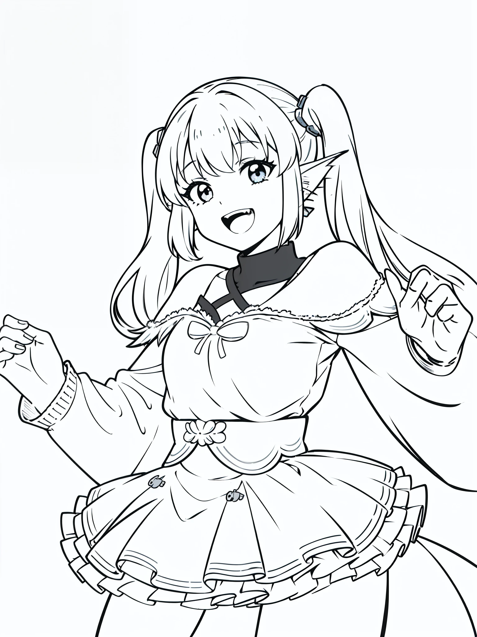 (1girl,20 years old),solo,long hair,white hair,fish ears,twintails,,smile,happy,(white background,line drawing),from front,open mouth