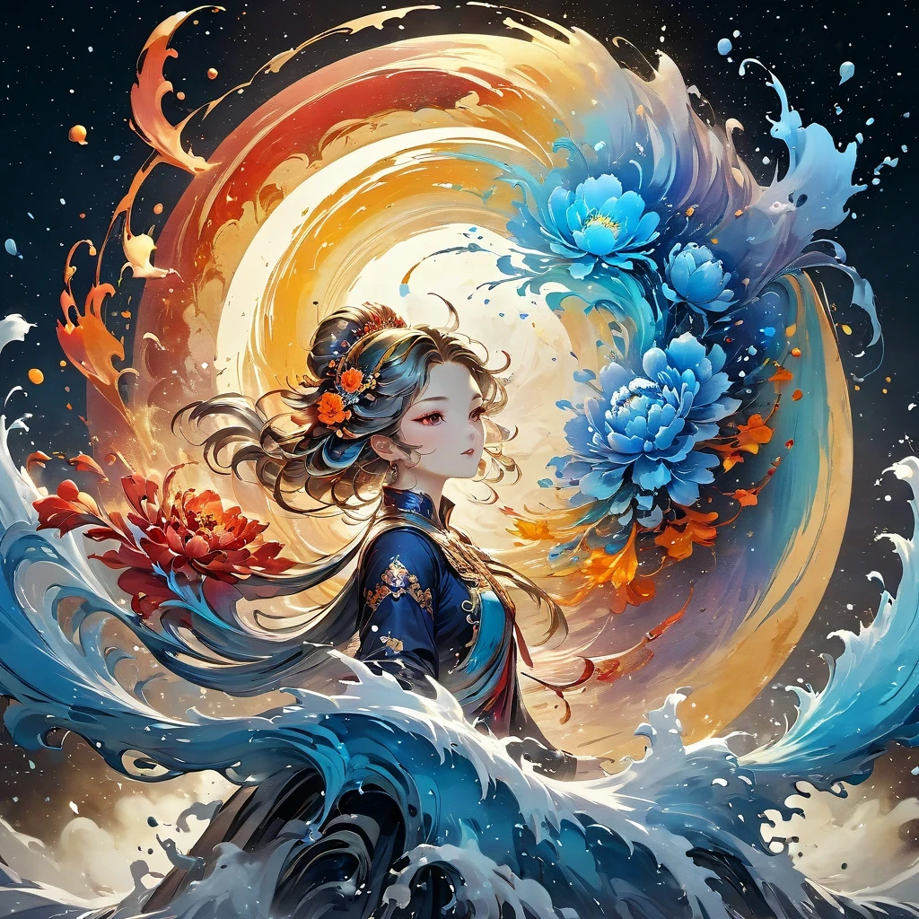 Jupiter, splash art, 关闭液体发Light的月亮女士由颜色制成, Silver, Red, Tangerine, Light, Gray gold, liquid fire peony flower, filigree, filigree detailed, spinning flames, galaxy, color drops, Colored waves, moonLight, Color paint splatter style, Super detailed complex detailed, Unreal Engine, Dreamy, complicated细节, splash screen, complementary colors, fantasy, concept art, 8k resolution, masterpiece, painting, blow, paint dripping, splash arts, fantasy art, concept art, centeRed composition perfect composition, centeRed, complicated pose, complicated