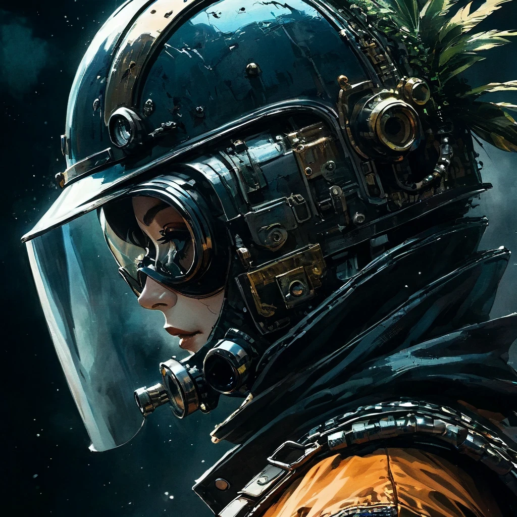 超close up肖像, surreal, Vendetta squad, dark atmosphere, close up, so dive, side view, 1970s, fashionable, bright, high contrast, post apocalyptic, Very detailed, HD