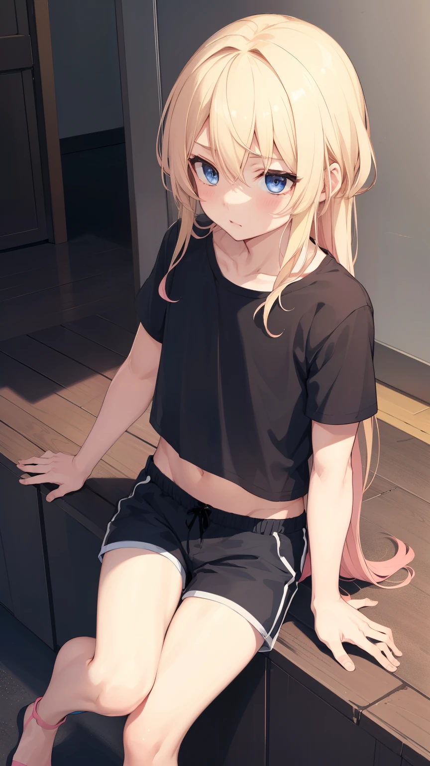 1boy, blonde hair, blue eyes, long hair, pink cropped, black shorts