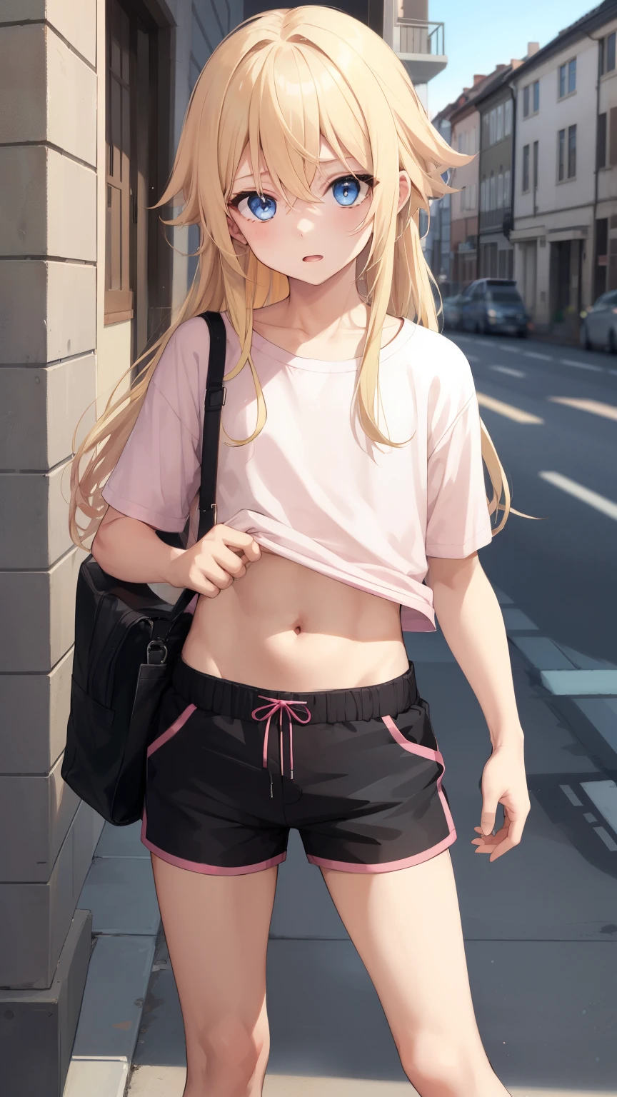 1boy, blonde hair, blue eyes, long hair, pink cropped, black shorts