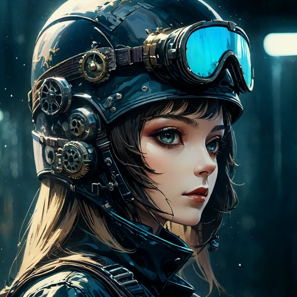 超close up肖像, surreal, Vendetta squad, dark atmosphere, close up, so dive, side view, 1970s, fashionable, bright, high contrast, post apocalyptic, Very detailed, HD