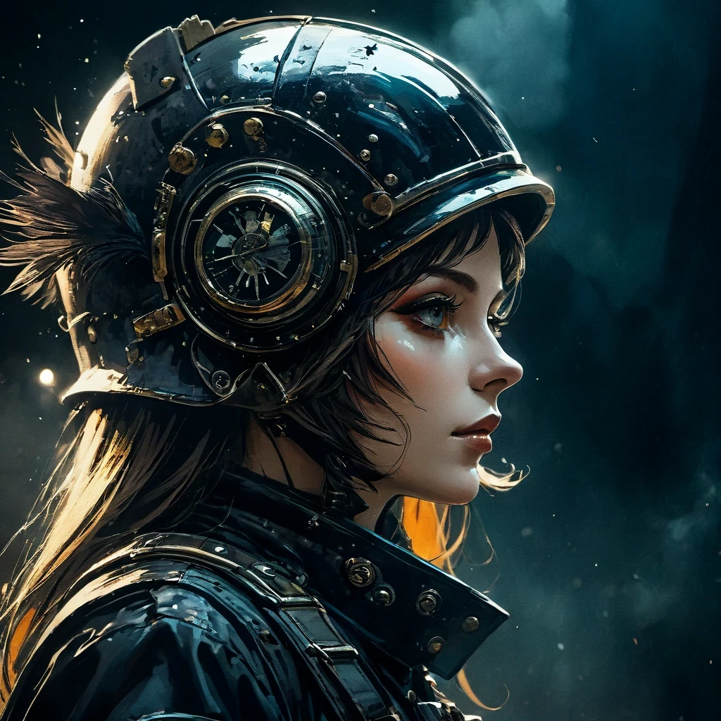 超close up肖像, surreal, Vendetta squad, dark atmosphere, close up, so dive, side view, 1970s, fashionable, bright, high contrast, post apocalyptic, Very detailed, HD