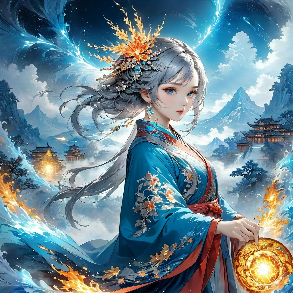 (masterpiece, top quality, best quality, official Art, Beautiful and beautiful:1.2),(1 girl:1.2),charming,Very detailed,(Abstract:1.4, fractal Art:1.3),(Silver_hair:1.1),destiny \(series\),colorful,most detailed,fire,ice,lightning,(splash_Art:1.2),jewelry:1.4,Hanfu,landscape,ink,