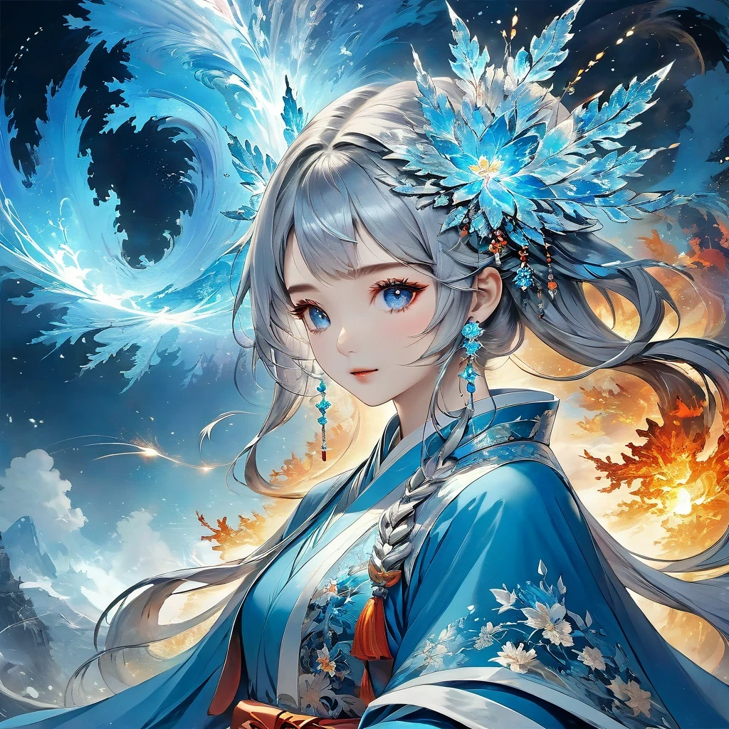(masterpiece, top quality, best quality, official Art, Beautiful and beautiful:1.2),(1 girl:1.2),charming,Very detailed,(Abstract:1.4, fractal Art:1.3),(Silver_hair:1.1),destiny \(series\),colorful,most detailed,fire,ice,lightning,(splash_Art:1.2),jewelry:1.4,Hanfu,landscape,ink,