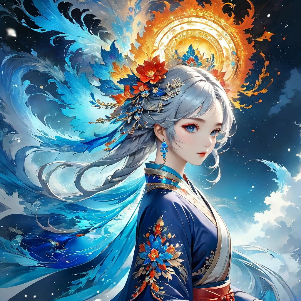 (masterpiece, top quality, best quality, official Art, Beautiful and beautiful:1.2),(1 girl:1.2),charming,Very detailed,(Abstract:1.4, fractal Art:1.3),(Silver_hair:1.1),destiny \(series\),colorful,most detailed,fire,ice,lightning,(splash_Art:1.2),jewelry:1.4,Hanfu,landscape,ink,