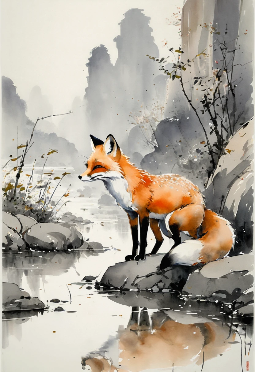 by Wu Guanzhong, ink and wash, fox, (by Zootopia:0.6), (best quality, perfect masterpiece, Representative work, official art, Professional, high details, Ultra intricate detailed:1.3)