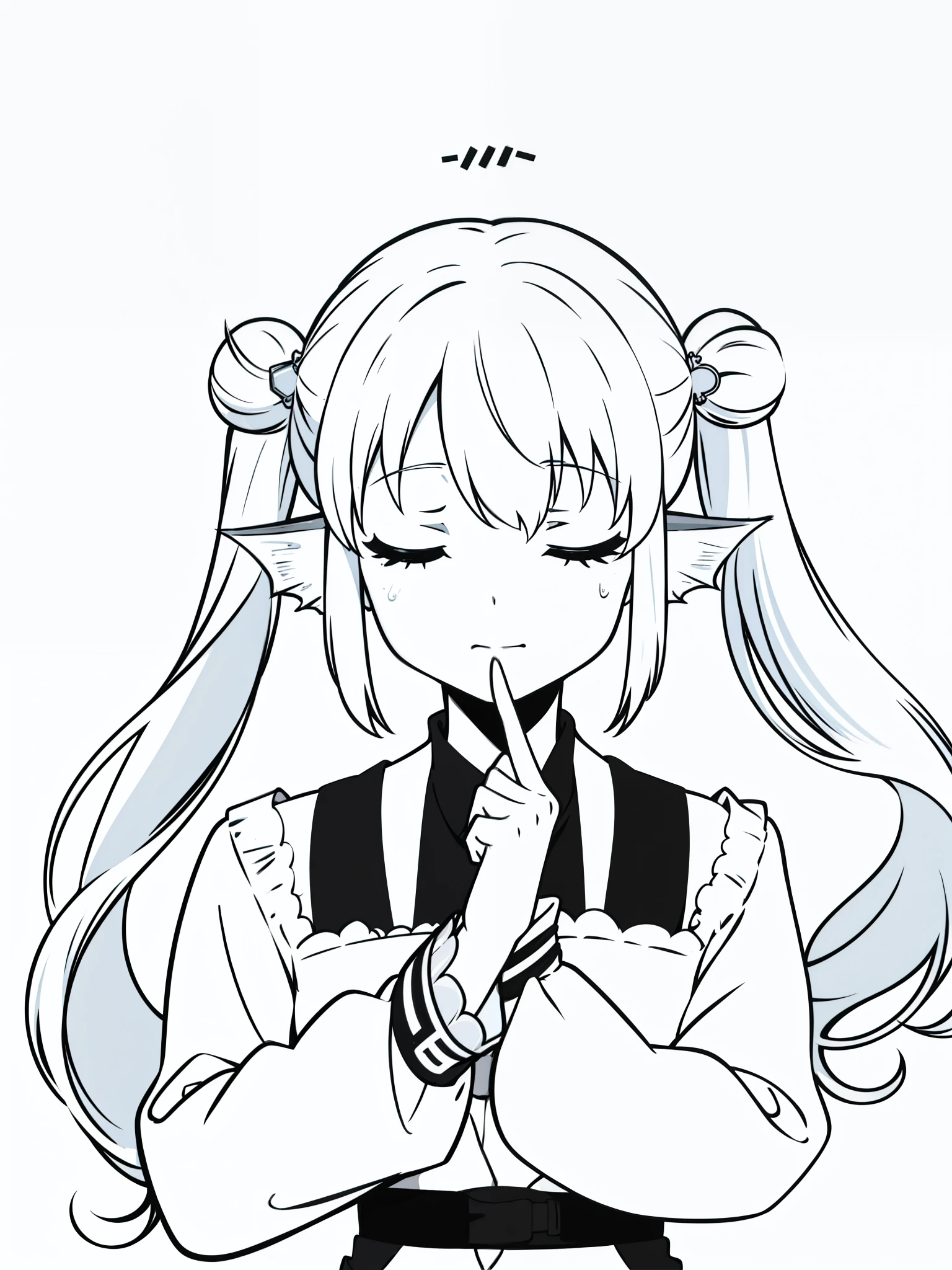 (1girl,20 years old),solo,long hair,white hair,fish ears,twintails,scared,(white background,line drawing),from front,closed eyes