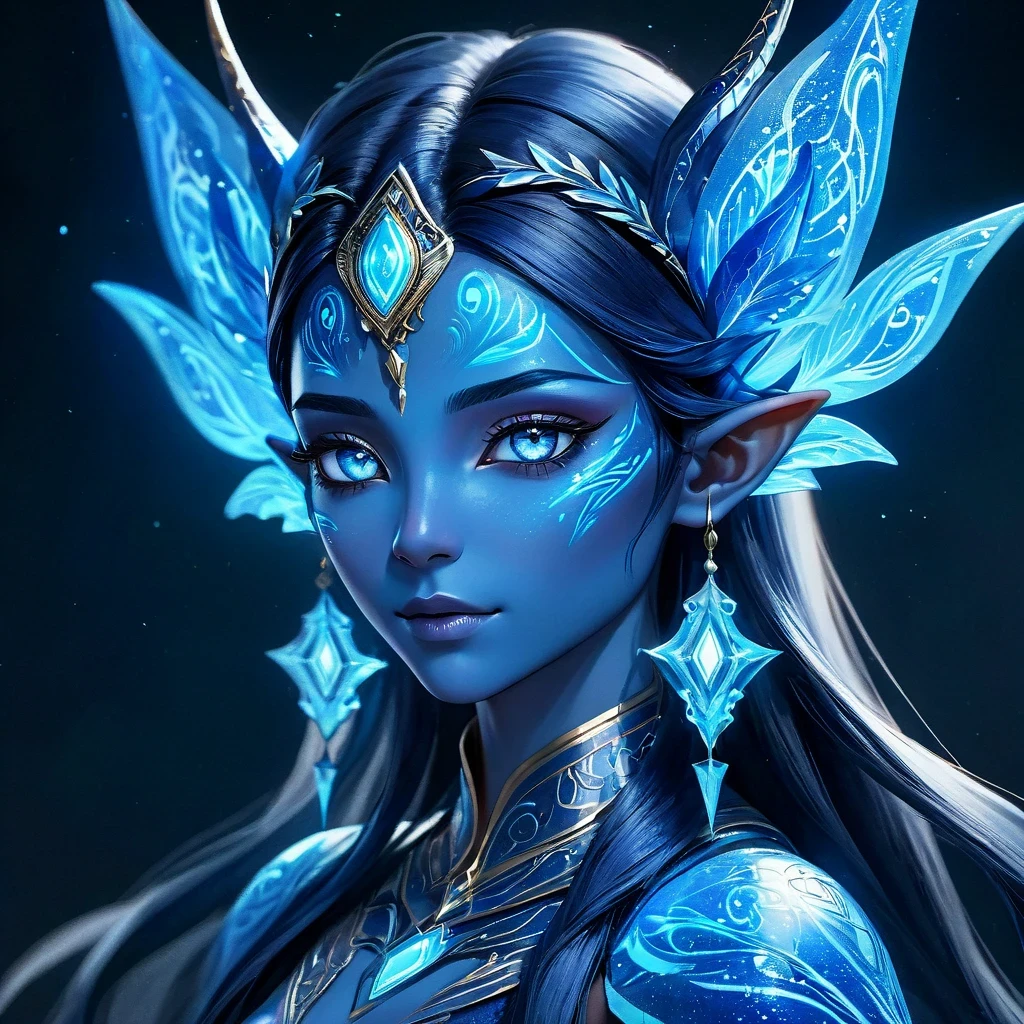 Blue humanoid avatar,Bioluminescent avatar marks spots and patterns on skin. pointed elven ears. hair like avatar, hair color black, sparkling blue eyes, iridescent blue skin,with a hint of shimmer. Miss, Like a fighter, magical and mysterious, Detailed Real. Only blue skin color. Only blue skin. Completely blue complexion.