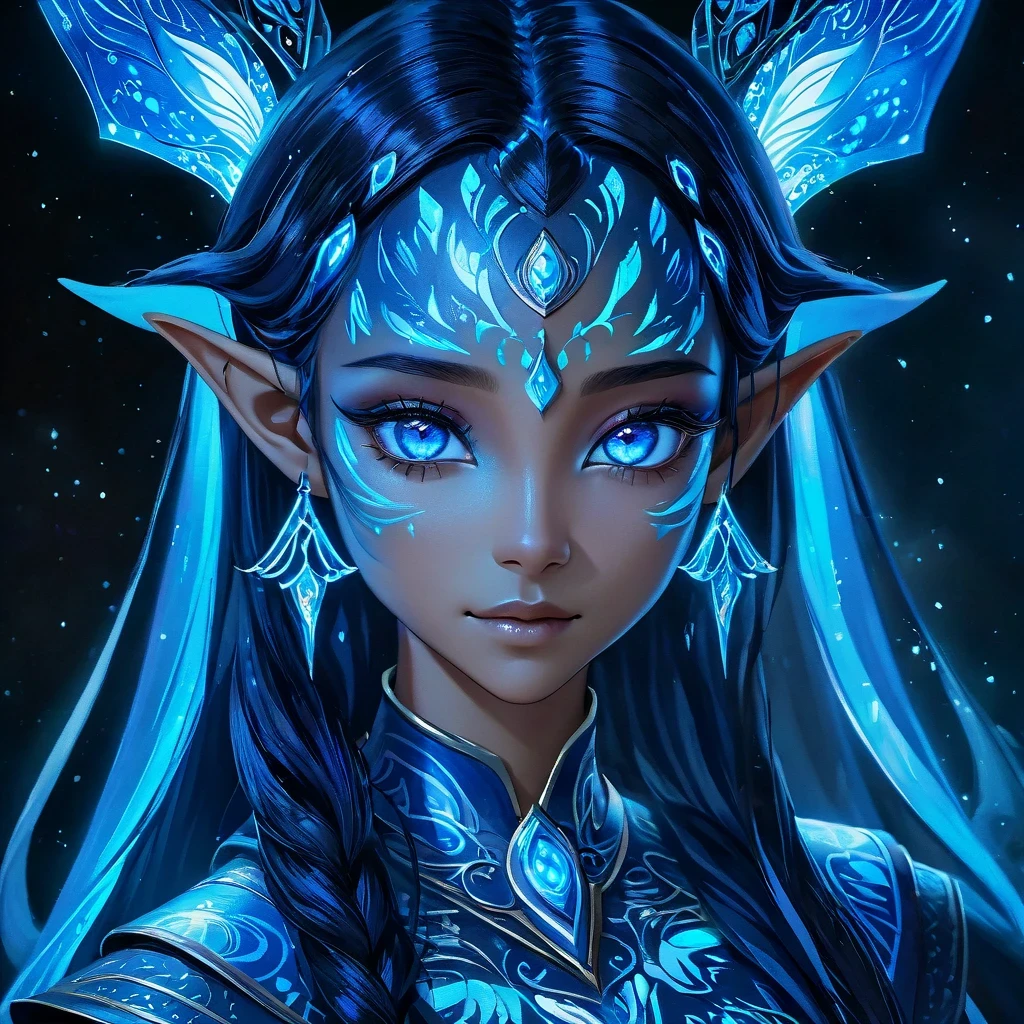 Blue humanoid avatar,Bioluminescent avatar marks spots and patterns on skin. pointed elven ears. hair like avatar, hair color black, sparkling blue eyes, iridescent blue skin,with a hint of shimmer. Miss, Like a fighter, magical and mysterious, Detailed Real. Only blue skin color. Only blue skin. Completely blue complexion.