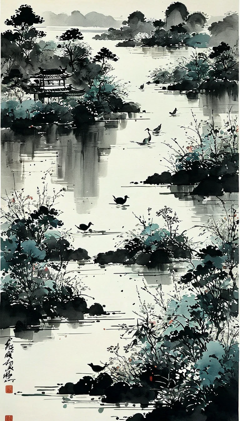 (abstract ink painting:1.5),author:Wu Guanzhong,author:Wu Guanzhong,Wu Guanzhong的艺术风格,The fusion of Chinese ink painting and modernist aesthetics,Simple yet powerful lines and shapes,minimalist,