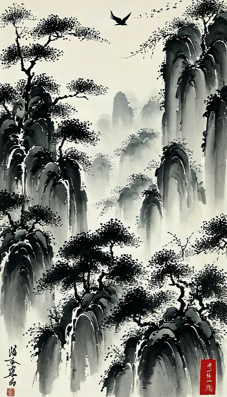 (abstract ink painting:1.5)，author:Wu Guanzhong,author:Wu Guanzhong，Wu Guanzhong的艺术风格，The fusion of Chinese ink painting and modernist aesthetics，Simple yet powerful lines and shapes，minimalist，