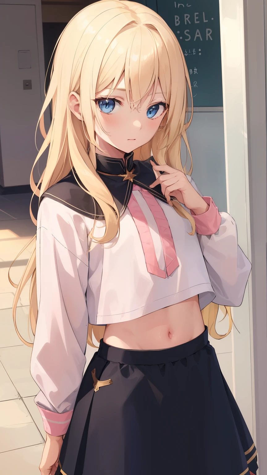 1boy, blonde hair, blue eyes, long hair, pink cropped, black skirt