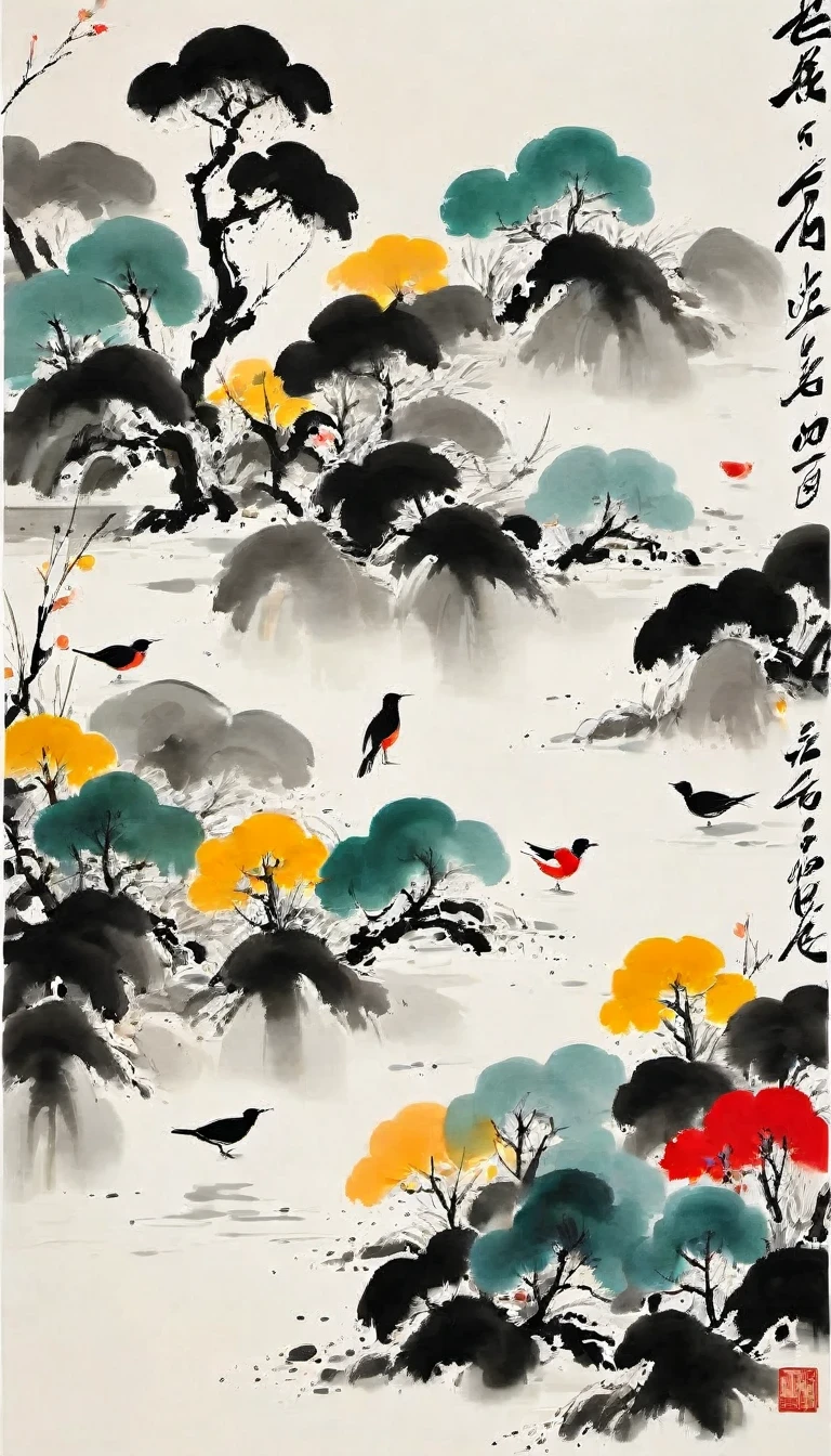 (abstract ink painting:1.5)，author:Wu Guanzhong,author:Wu Guanzhong，Wu Guanzhong的艺术风格，The fusion of Chinese ink painting and modernist aesthetics，Simple yet powerful lines and shapes，minimalist