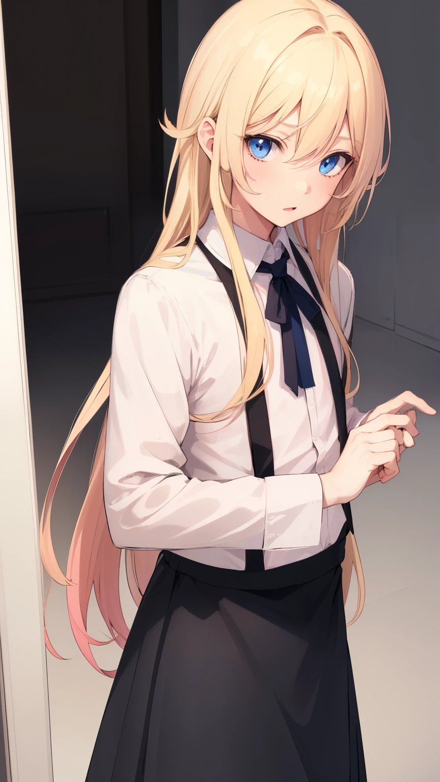 1boy, blonde hair, blue eyes, long hair, pink cropped, black skirt