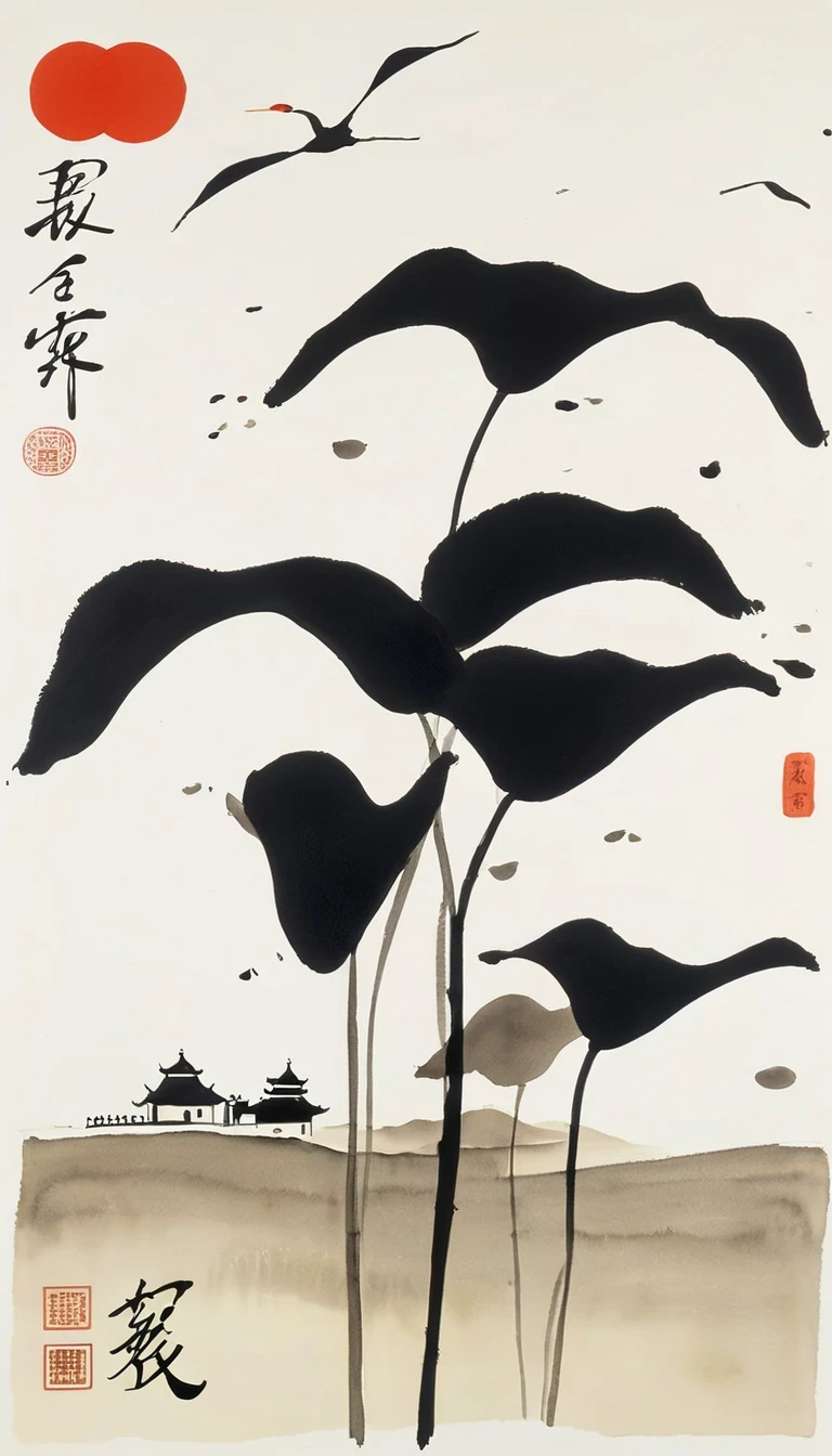 (abstract ink painting:1.5),author:Wu Guanzhong,author:Wu Guanzhong,Wu Guanzhong的艺术风格,The fusion of Chinese ink painting and modernist aesthetics,Simple yet powerful lines and shapes,minimalist