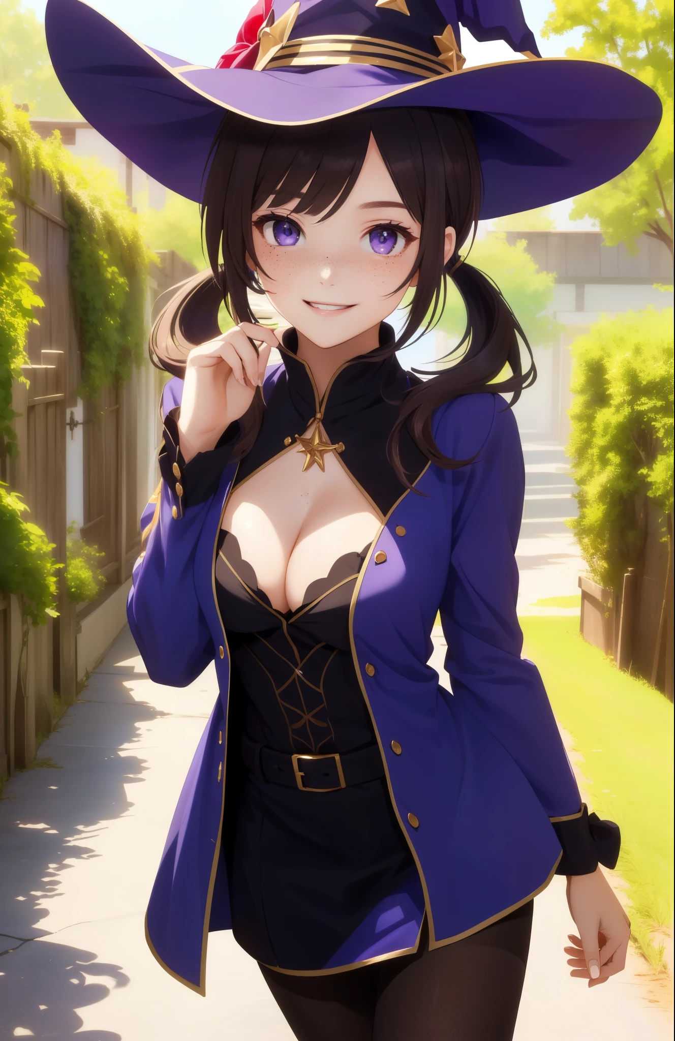 perfect eyes:1.2, detailed eyes:1.4, short hair, low twintails, twintails, black hair, freckles:1.2, purple eyes, smile, sexy, pantyhose, witch hat, cleavage, outdoors, cowboy shot, 1girl, solo, (masterpiece:1.6, best quality),