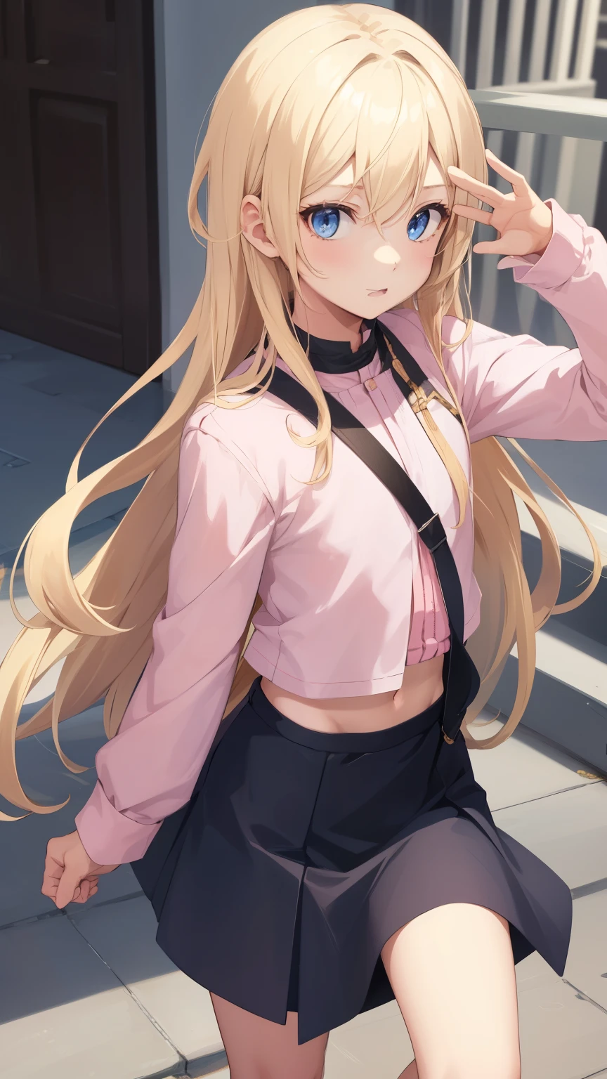 1boy, blonde hair, blue eyes, long hair, pink cropped, black skirt