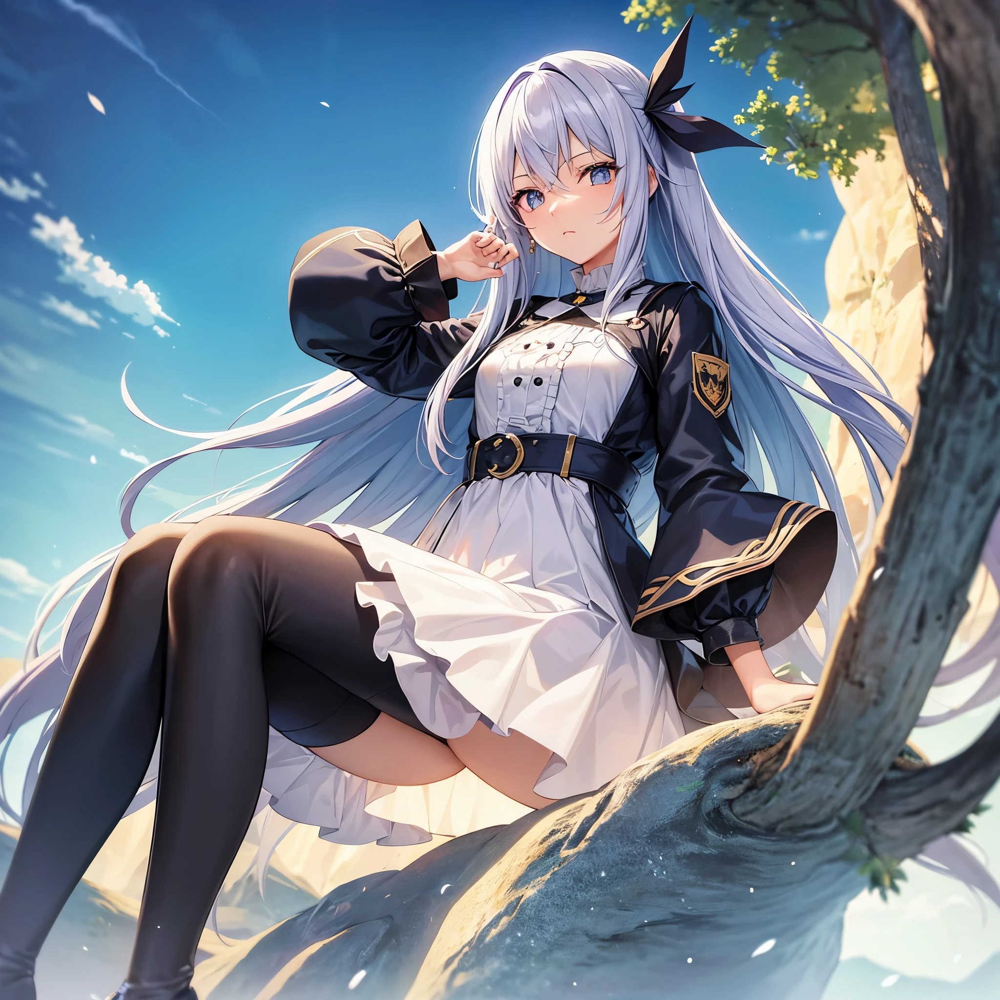 Imagem em estilo manga de uma garota. She has long rainbow hair blowing in the wind. She has a small nose and full lips and blue eyes.. O personagem veste uma camisa de tule preta e uma jaqueta de couro Ela usa saia plissada e botas militares de couro. Your pose conveys confidence and a serious expression on your face. She is sitting on a rock at the top of a mountain looking at the screen. O fundo possui nuvens coloridas que misturam as cores do seu cabelo, but the focus is only on the detailed image of the character.