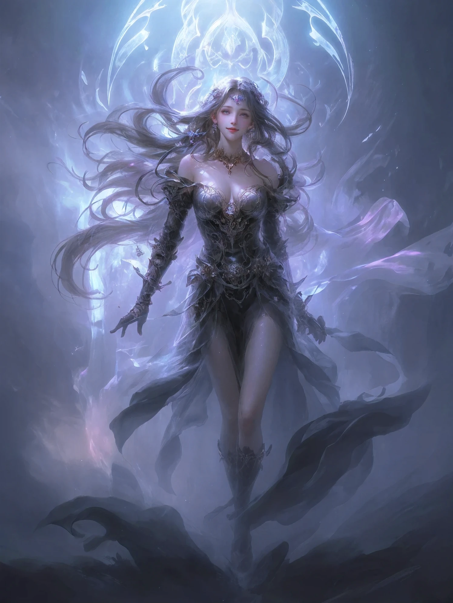 (best quality, high resolution, super detailed, actual, photo-actual), digital painting, bright colors, mysterious atmosphere, dark background, glowing eyes, charming expression, flowing hair, ethereal beauty, floating ghostly figure, intricate jewelry, Charming aura, dynamic poses,Fire magic,